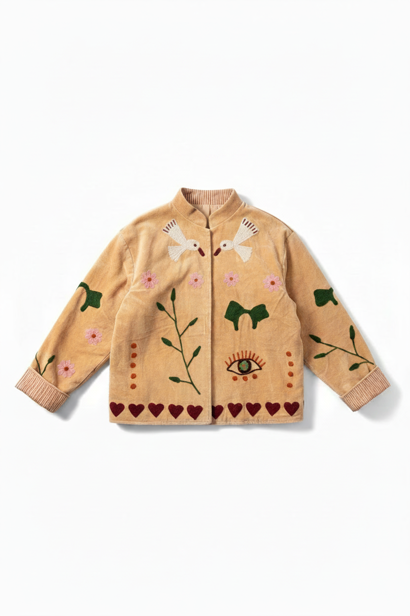 Cream färgad sammetsjacka med broderade detaljer