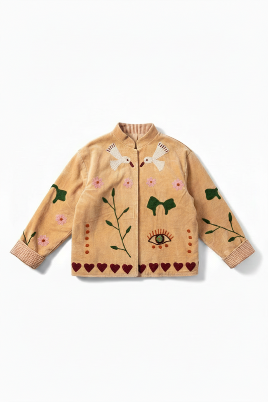 Cream färgad sammetsjacka med broderade detaljer